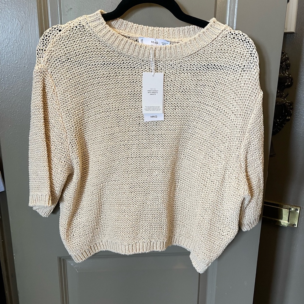 Mango Cream Crew Neck Sweater Relaxed Knit 3/4 Sleeves